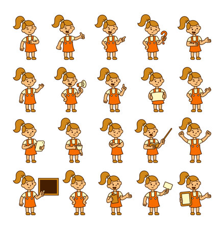 Girl guide set demonstrating various hand positions for communication, instruction, approval, teaching, respect, greeting, emotion, message and interaction skills for yours designs projectsのイラスト素材