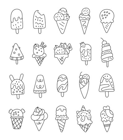 Ice cream dessert set in outline line art with creamy frozen snack food for tasty summer treat and refreshing dairy enjoyment and for your illustration and creative designs projectsのイラスト素材