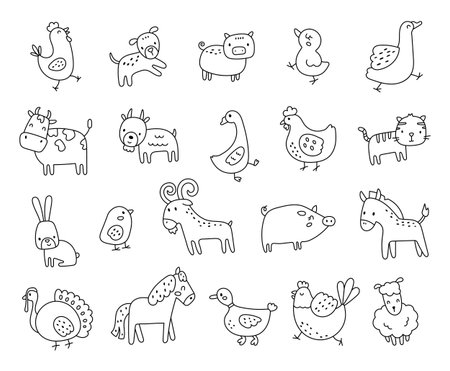 Farm animal cartoon character set in outline line art featuring domestic mammals and birds with funny poses for your illustration children and educational creative design projectsのイラスト素材
