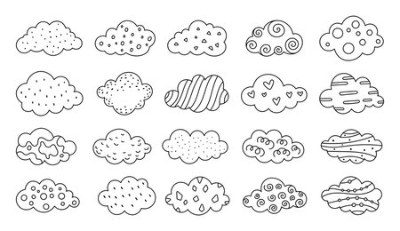Cloud set outline line art soft floating shapes with rounded and puffy forms perfect for yours illustration and creative designs projectsのイラスト素材