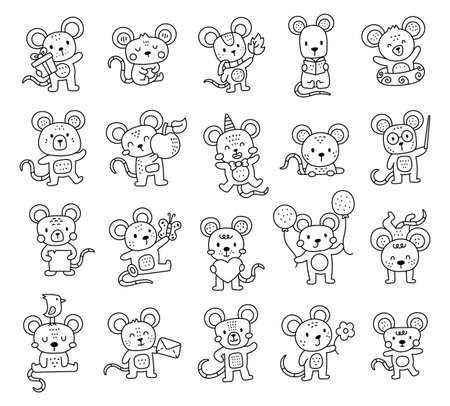 Mouse character set in charming outline line art adorable cartoon rodents holding gift, flower, letter, book, balloon, and wearing party hat for creative designs projectsのイラスト素材