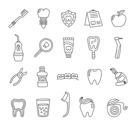 Dental supplies set in cute outline line art featuring cartoon of oral care tools and hygiene elements for your medical themed illustration and creative designs projectsのイラスト素材