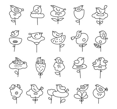 Bird flower character set in outline line art with charming animal and decorative floral elements for natural botanical artwork and creative themed design projectsのイラスト素材