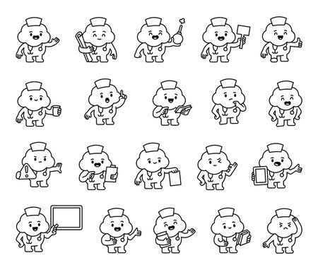 Cloud guide character set nurse hat and stethoscope with different medical gestures and poses for hospital education, training, and healthcare support themes for your illustration and designs projectsのイラスト素材