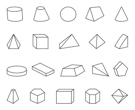 Geometric shape set in outline line art with various forms designed for school education, classroom learning, math development and visual teaching materials and for your creative designs projectsのイラスト素材