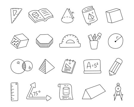 Geometry science set in outline line art for studying school tools and educational objects including triangle cube compass ruler blackboard and various math shapesのイラスト素材
