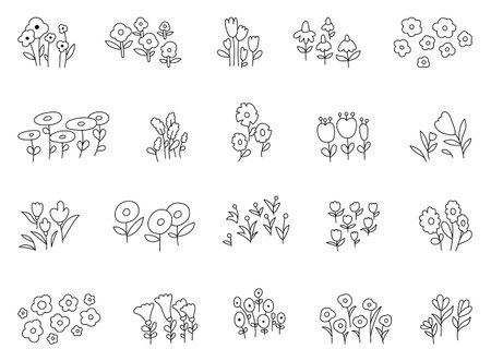 Flower meadow set in outline line art includes blooming elements and decorative foliage designed to enhance botanical illustrations and natural themed creative design projectsのイラスト素材