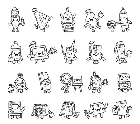 School supplies character set in outline line art with blackboard, book, ruler, eraser, calendar, glue, pencil, sharpener, brush. marker, bell, palette, flask, penのイラスト素材