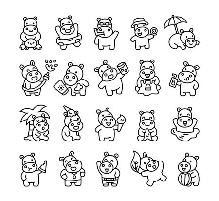 Hippo summer kawaii characters having fun at the beach while swimming eating ice cream, resting, playing with ball for your illustration and creative designs projectsのイラスト素材