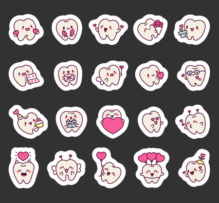 Tooth valentine kawaii character set with cute smiling holding hearts, flowers, balloons, cake, postcards and celebrating love in happy romantic designs for your projectsのイラスト素材