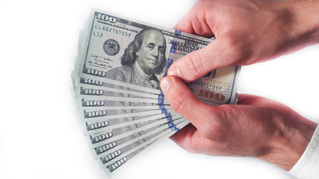 Money in hands. Business concept. One hundred dollarsの写真素材