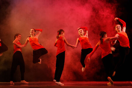 DNEPROPETROVSK,UKRAINE - December 7, 2013 - School-theatre of Contemporary dance POTOKI, Dnepropetrovsk Teenager class dancers perform a composition Malaga  in Winter Annual Entertainment  Fusion  のeditorial素材