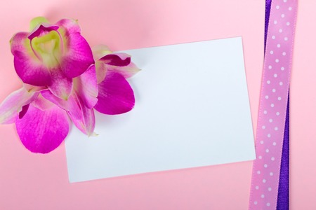 Empty greeting card with orchid flowers on pink backgroundの写真素材
