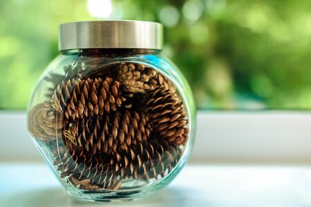 Pine cones in a glass jar for decoration with beautiful blurred background.の写真素材