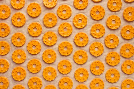 Acupressure massage mat close up. Abstract background with yellow rings.の写真素材