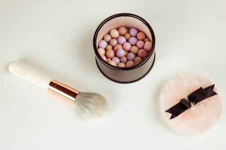 Pattern of make-up kit: brushes, meteorite powder and blusherの写真素材