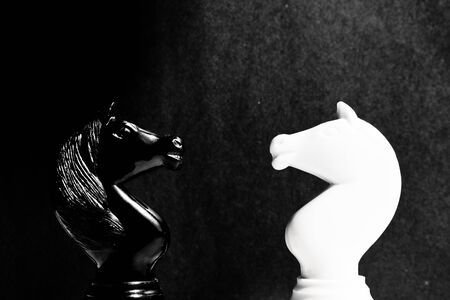 Confrontation of chess pieces isolated on black background. Two chess knights look at each other.の写真素材