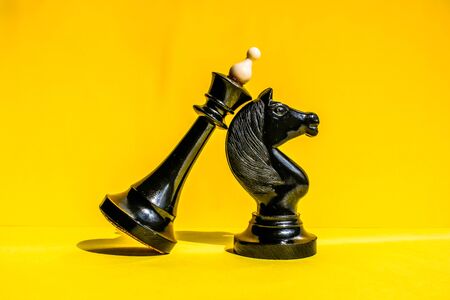 Two chess pieces king and knight with copy space. Chess figures on bright yellow background. Strategic behaviour concept.の写真素材