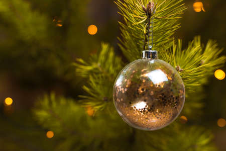 Christmas tree decorations on the branches. Blurred background. New year 2022.の写真素材