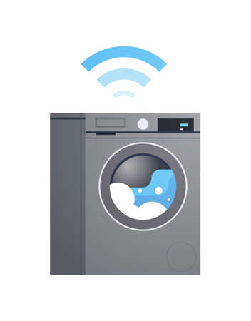 Washing machine and smart control home appliance, future technology automation system flat vector illustration.のイラスト素材