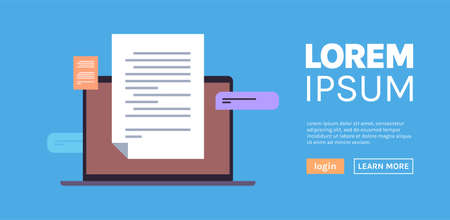 Business document contract on laptop screen and business data web homepage flat vector illustration.のイラスト素材