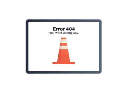 404 not found error message and internet connection problem on tablet pc flat vector illustration.