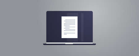 Document on laptop and paper scan flat vector illustration.