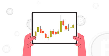 Hand holding tablet and stock market trading graph candlestick chart flat vector illustration.のイラスト素材