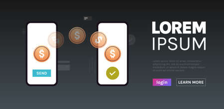 Money transfer on smartphone and financial payment transaction flat vector illustration.