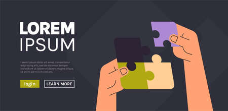 Hands putting parts of puzzle problem solution with web homepage flat illustration.のイラスト素材