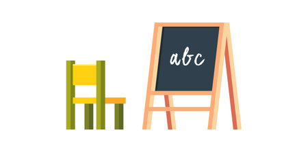 Kids study classroom furniture and abc on chalk blackboard preschool flat vector illustration.のイラスト素材