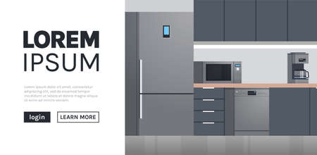 Modern kitchen interior no people and home appliances web homepage flat design illustration.のイラスト素材