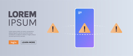 Problem smartphone application software error and technology exclamation mark icon smartphone screen alert warning notification concept horizontal flat vector illustration.のイラスト素材