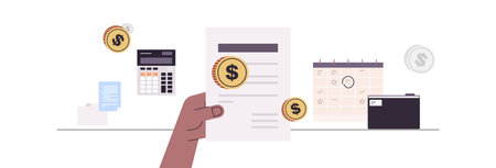 Calculating invoice on accounting bookkeeper clerk advisor auditor concept horizontal flat vector illustration.のイラスト素材