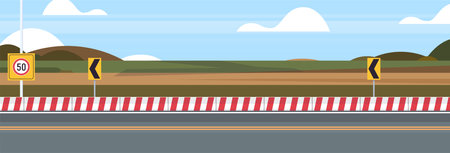 Highway hill asphalt road and city road outdoor with traffic signs design flat vector illustration.のイラスト素材