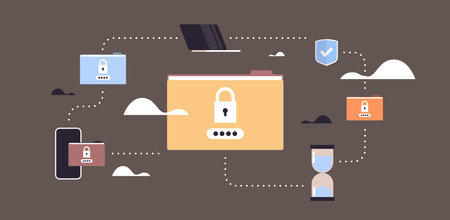 Data protection padlock security privacy database and folder password protect map internet mobile computer app concept horizontal flat vector illustration.のイラスト素材