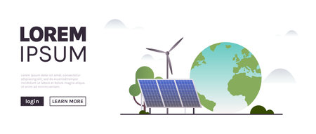 Sustainability and esg, green, energy, sustainable industry with windmills and solar energy panels, environmental, social, corporate governance concept flat vector illustration.のイラスト素材