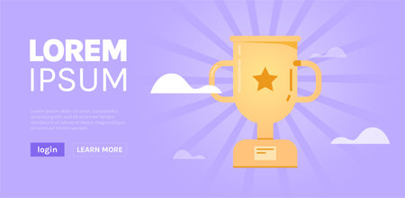 Gold cup and celebrate victory, successfully achieve reward, winners prize, business goal success concept flat vector illustration.のイラスト素材