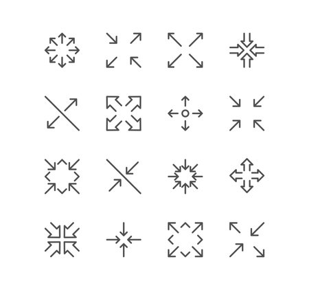 Set of arrow and technology icons, size, scale, decrease, edit, resize, line, view, reduce and linear variety vectors.のイラスト素材