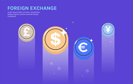 International currency coins and dollar, euro, pound, yen on background horizontal full length flat vector illustration.のイラスト素材