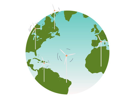 Wind turbines and eco green power industry renewable sustainable energy concept flat vector illustration.のイラスト素材