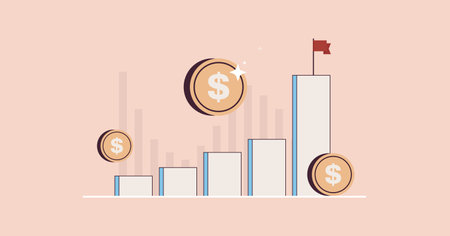 Business financial bar graph and growth chart with flag concept flat vector illustration.のイラスト素材