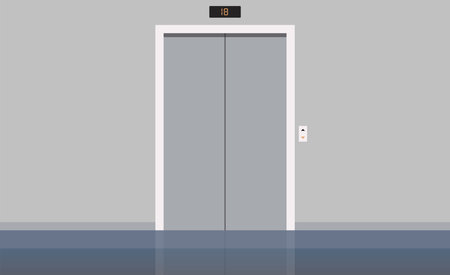 Elevator doors and close cabin entrance with buttons panel, building hallway interior no people,...