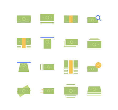 Set of money and finance icons, pay, paper money, cash, growth, check, market, value, earn and flat line variety vectors.のイラスト素材