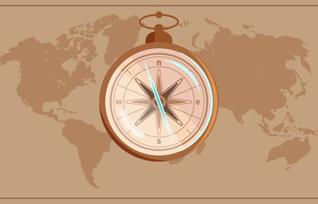Isolated brown compass symbol flat style and with the image of the directions compass on world map background flat vector illustration.のイラスト素材