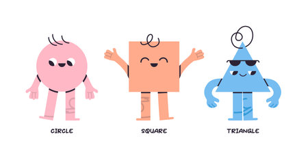 Geometric figures with face emotions and different shapes, hand drawn trendy cute funny characters various bright basic flat vector illustration.のイラスト素材