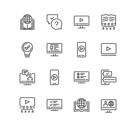 Set of online education related icons, online course, audio book, distance study, video tutorial, lecture, education plan and linear variety vectors.のイラスト素材