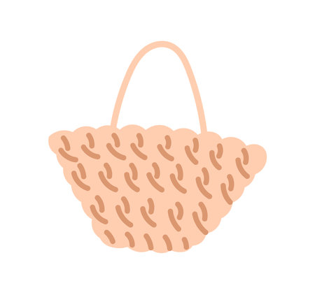 Straw bag  for summer beach essentials, women accessory of trapee shape, modern fashion weaven female item flat vector illustration.のイラスト素材