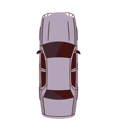 Compact sedan car viewed from top down perspective with visible roof, windows, hood and detailed body lines, representing road transport and modern automobile flat vector.のイラスト素材