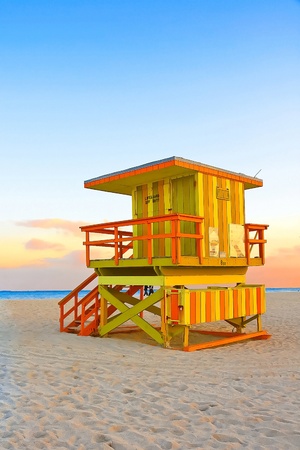 Yellow Orange and Green Lifeguard Tower In South Beach,Miami,Floridaの写真素材